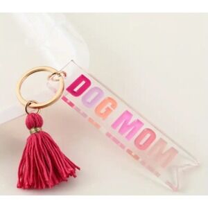Dog Mom Acrylic Keychain with Pink Tassel Gold Tone Hardware Clear Pink